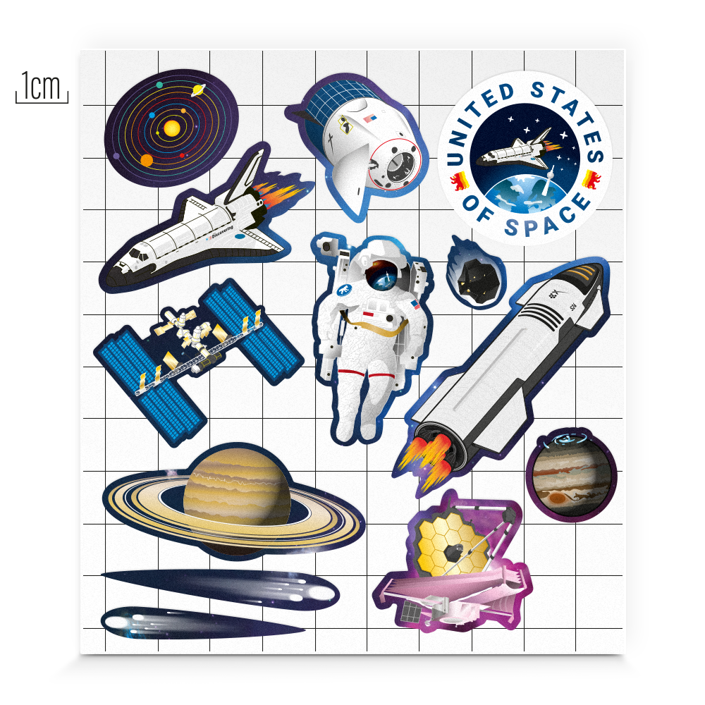 Reflective thematic shape for kids edition space, JWST, Dragon Capsul, ISS, Jupiter, Starship, Saturn, Space shuttle, asteroid, Solar system and comets