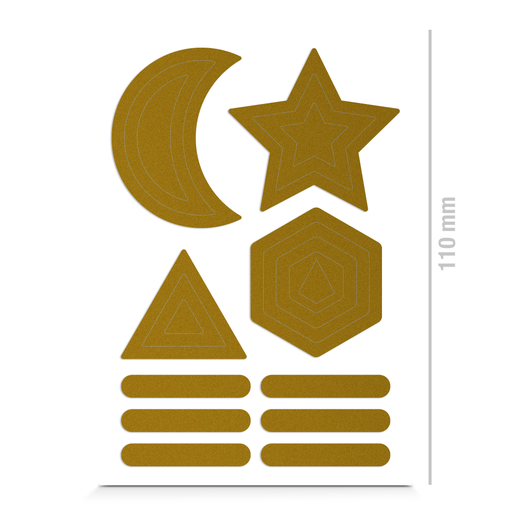 Sticker für Textil in einfachen Formen, reflektierend, Freisteller, Farbe gold