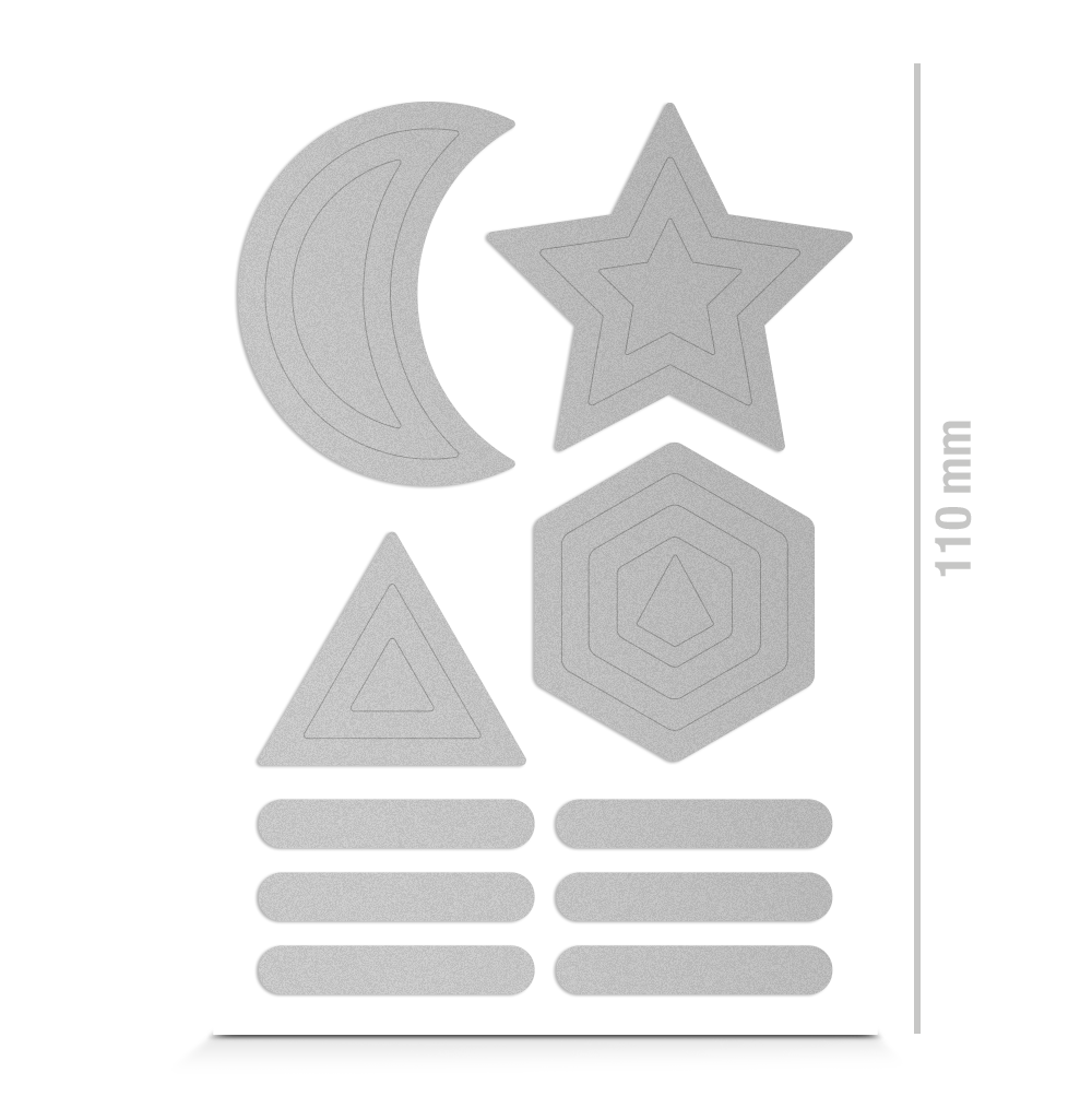 Sticker für Textil in einfachen Formen, reflektierend, Freisteller, Farbe silber