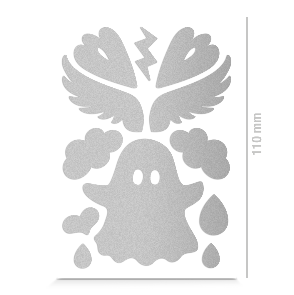 Textilsticker für Kinder, Geist, Flügel, Tropfen und Herzchen, reflektierend, Freisteller, Farbe silber