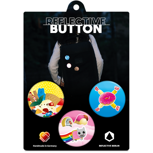 Produktbild Reflective BUTTONS, Candy Motiv, 3 Anstecker mit Süßigkeiten, auf Trägerkarte