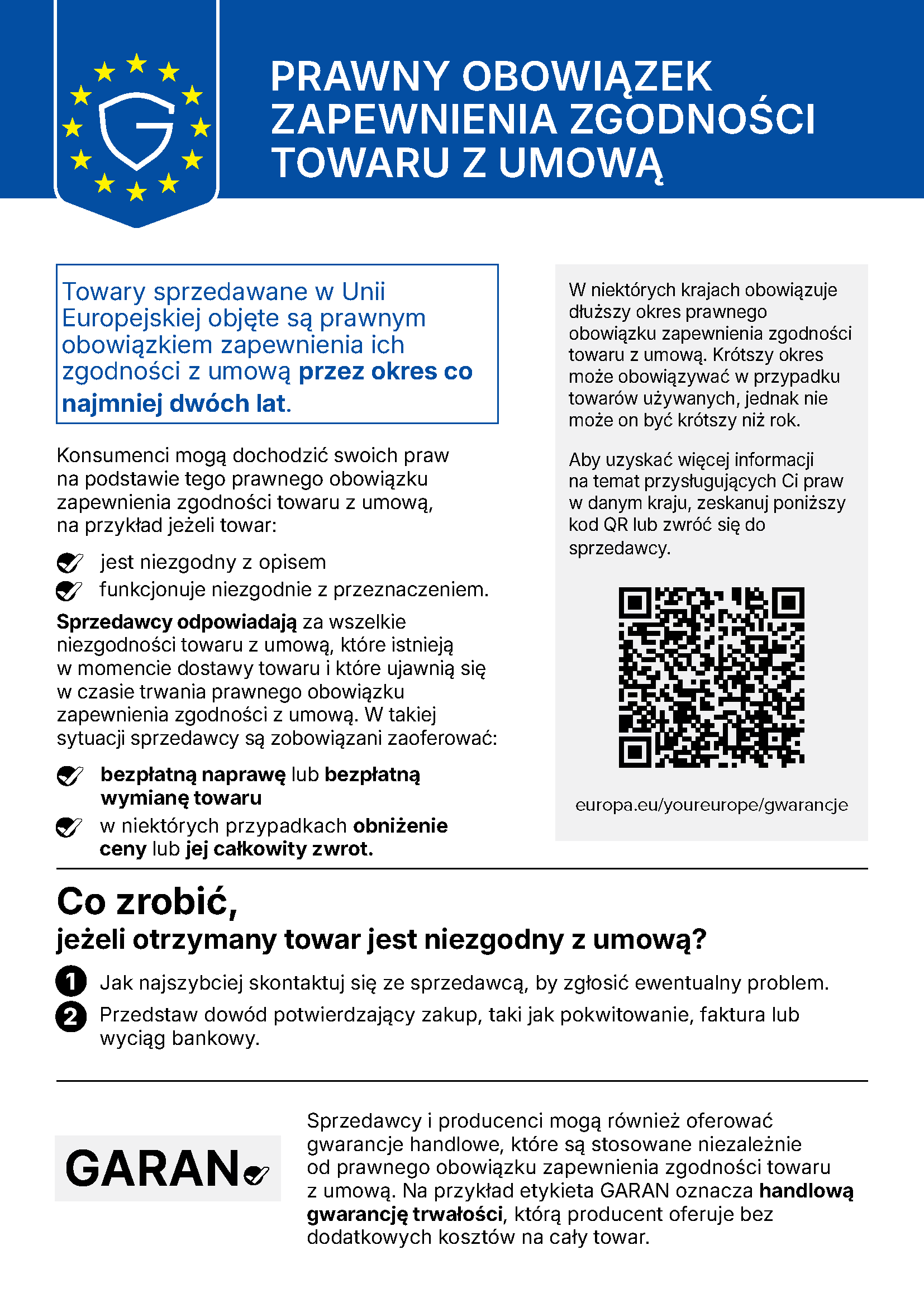 Oficjalna informacja: Prawny obowiązek zapewnienia zgodności towaru z umową