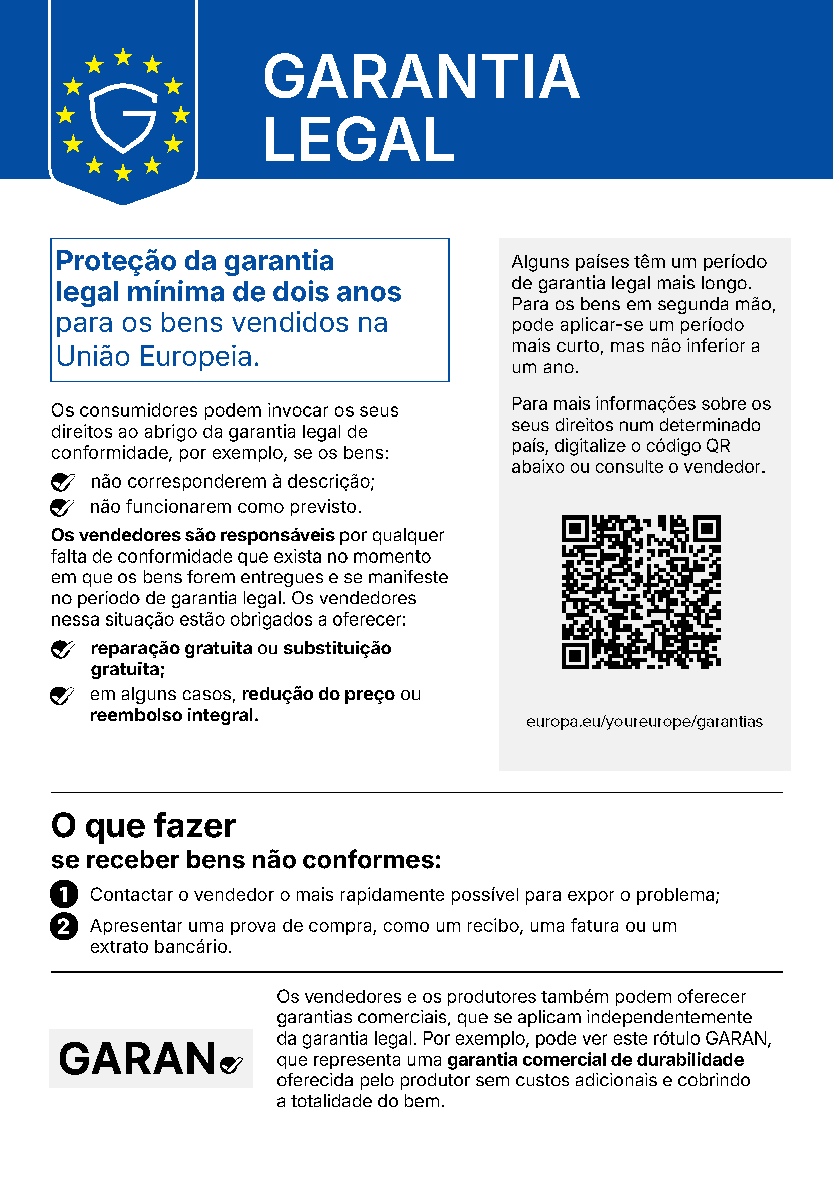 Aviso oficial: Garantia legal