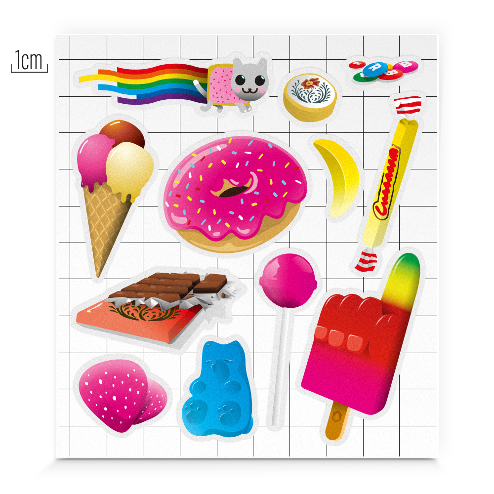 Stickerbogen, Aufkleber reflektierend, Süßigkeiten, Designs Detailansicht, Flutschfinger Stieleis, Donut, Eiscreme, Erdbeere, Schokolade, Banane, Bonbon, Lutscher, Lolli, Yamchat, Smarties, Gummibärchen