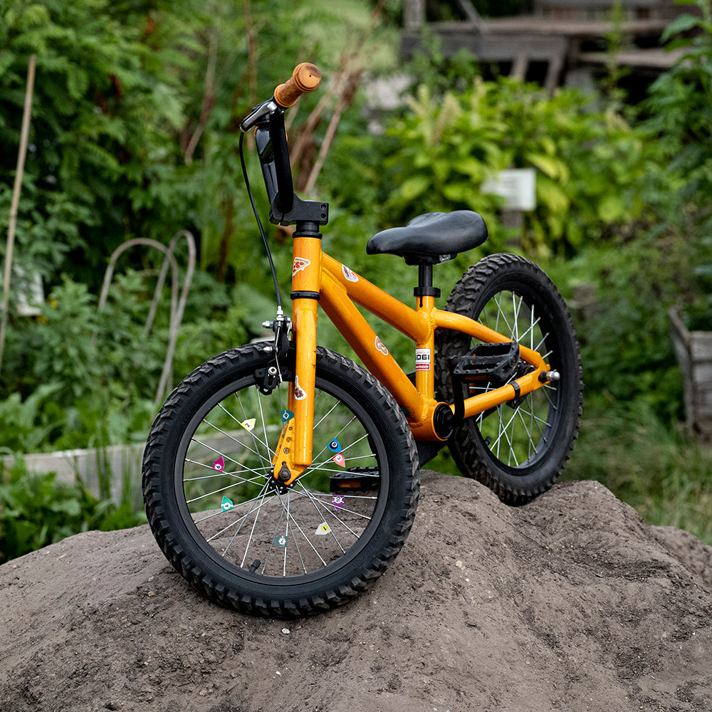 Crossbike für Kinder, BMX, auf Felsen, ausgestattet mit bunten Speichenflaggen