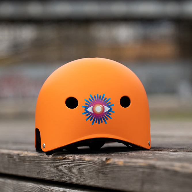 Fahrradhelm orange, mit Auge Aufkleber hinten