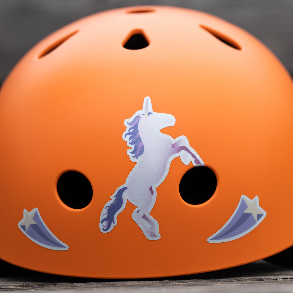 Fahrradhelm Kinder orange, Einhorn Aufkleber, reflektierend, Sterne, Reflexsticker