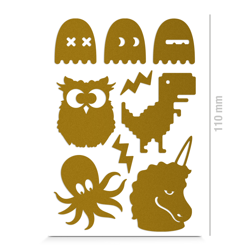 Eule, Geister, T-Rex, Krake, Einhorn Sticker für Textil, reflektierend, Freisteller, Farbe gold